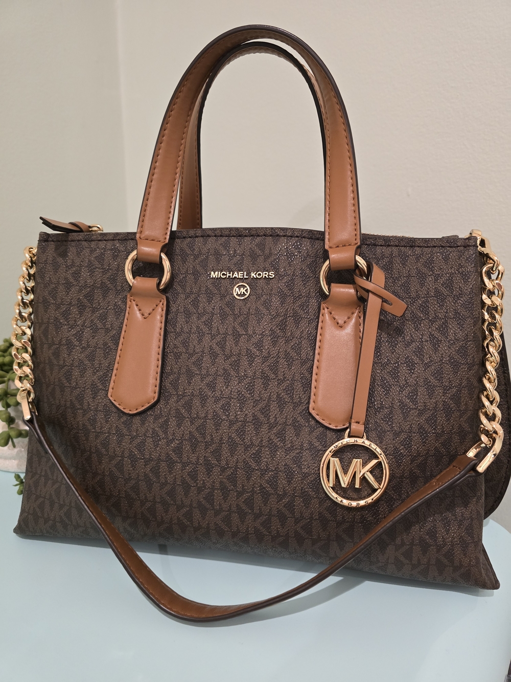 Michael Kors Brown/Chestnut Monogram Satchel with Gold Hardware